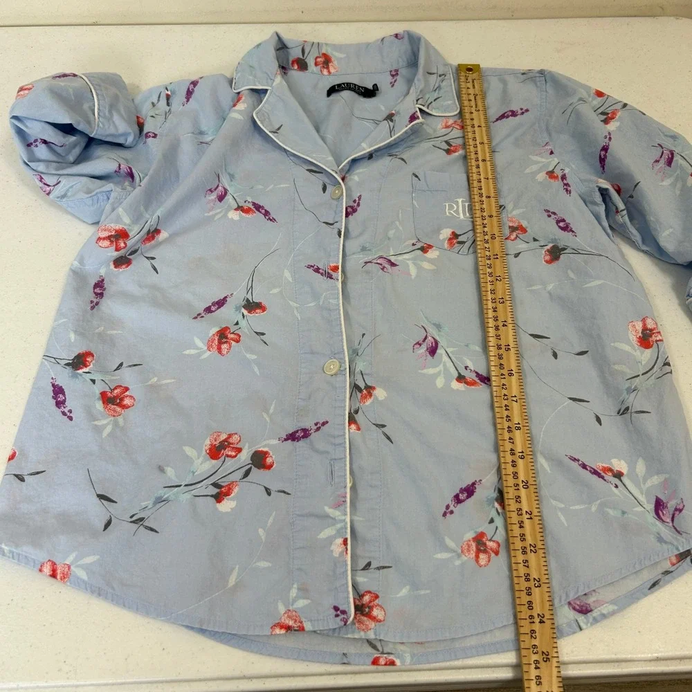 Lauren Ralph Lauren Blue Floral Pajama Set 3/4 Sleeve Button Top Crop Pants L